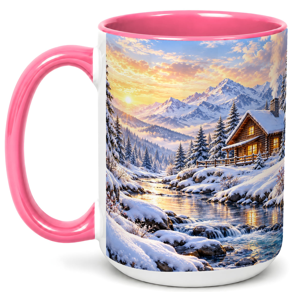 #pl[15oz|Pink] Snowy Mountain Cabin Coffee Mug, Winter Landscape Mug, Ceramic Cup