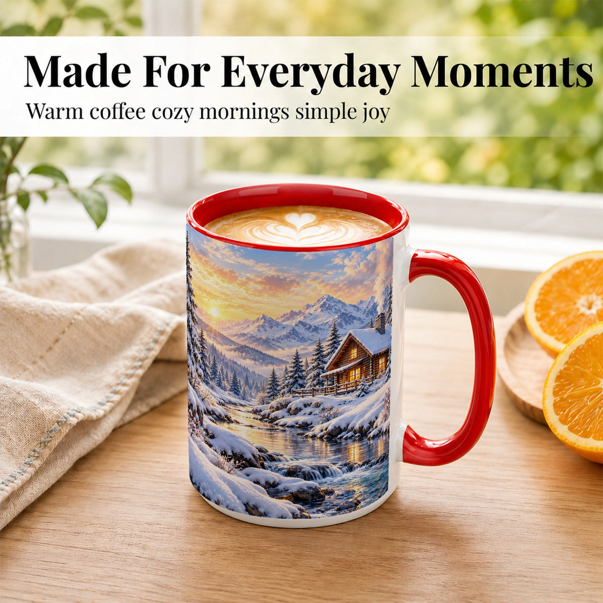 #pl[15oz|Red] Snowy Mountain Cabin Coffee Mug, Winter Landscape Mug, Ceramic Cup
