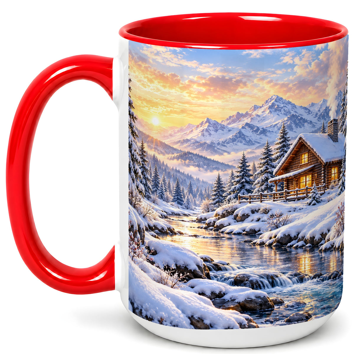 #pl[15oz|Red] Snowy Mountain Cabin Coffee Mug, Winter Landscape Mug, Ceramic Cup