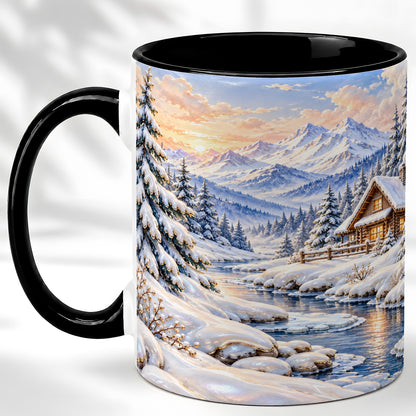 #pl[11oz|Black] Winter Cabin Coffee Mug, Snowy Mountain Mug, Ceramic Cup