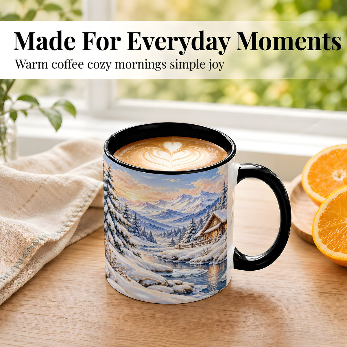 #pl[11oz|Black] Winter Cabin Coffee Mug, Snowy Mountain Mug, Ceramic Cup