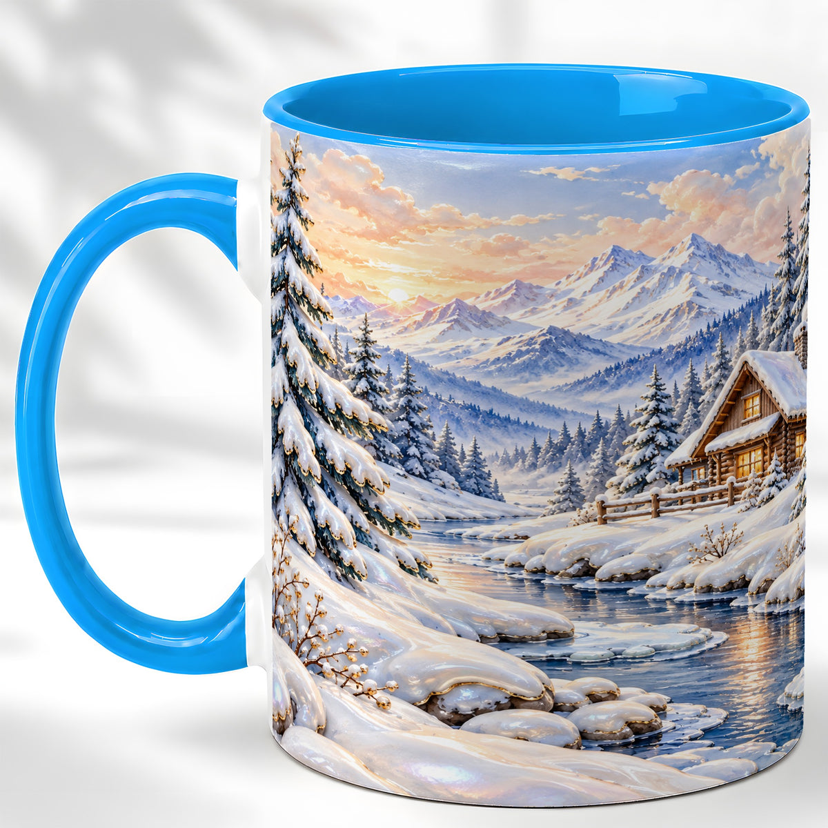 #pl[11oz|Blue] Winter Cabin Coffee Mug, Snowy Mountain Mug, Ceramic Cup