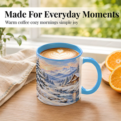 #pl[11oz|Blue] Winter Cabin Coffee Mug, Snowy Mountain Mug, Ceramic Cup