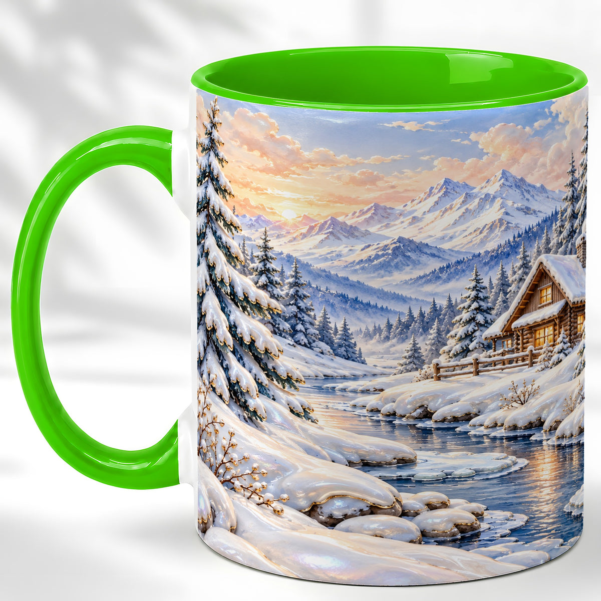 #pl[11oz|Green] Winter Cabin Coffee Mug, Snowy Mountain Mug, Ceramic Cup