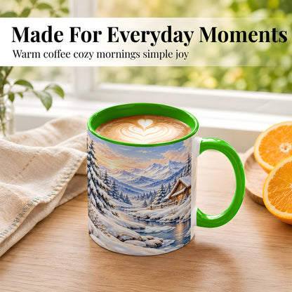 #pl[11oz|Green] Winter Cabin Coffee Mug, Snowy Mountain Mug, Ceramic Cup