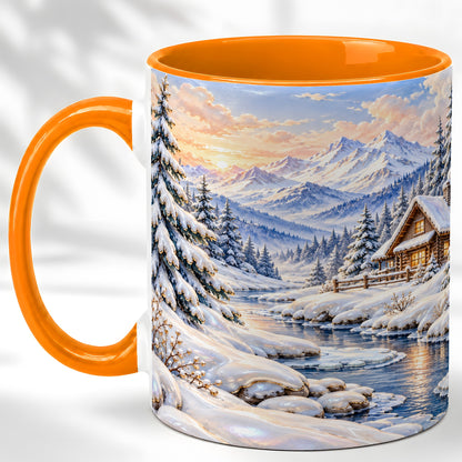 #pl[11oz|Orange] Winter Cabin Coffee Mug, Snowy Mountain Mug, Ceramic Cup
