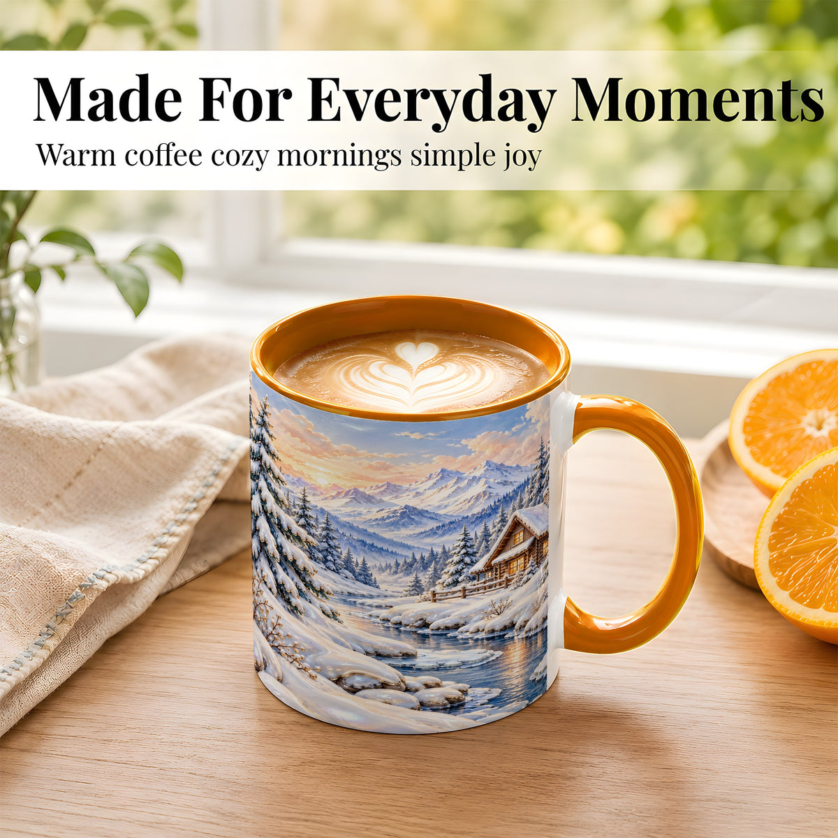 #pl[11oz|Orange] Winter Cabin Coffee Mug, Snowy Mountain Mug, Ceramic Cup