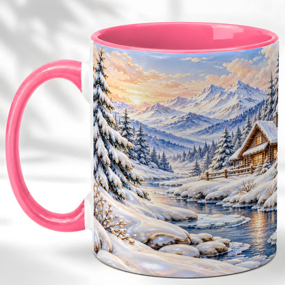 #pl[11oz|Pink] Winter Cabin Coffee Mug, Snowy Mountain Mug, Ceramic Cup