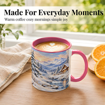#pl[11oz|Pink] Winter Cabin Coffee Mug, Snowy Mountain Mug, Ceramic Cup