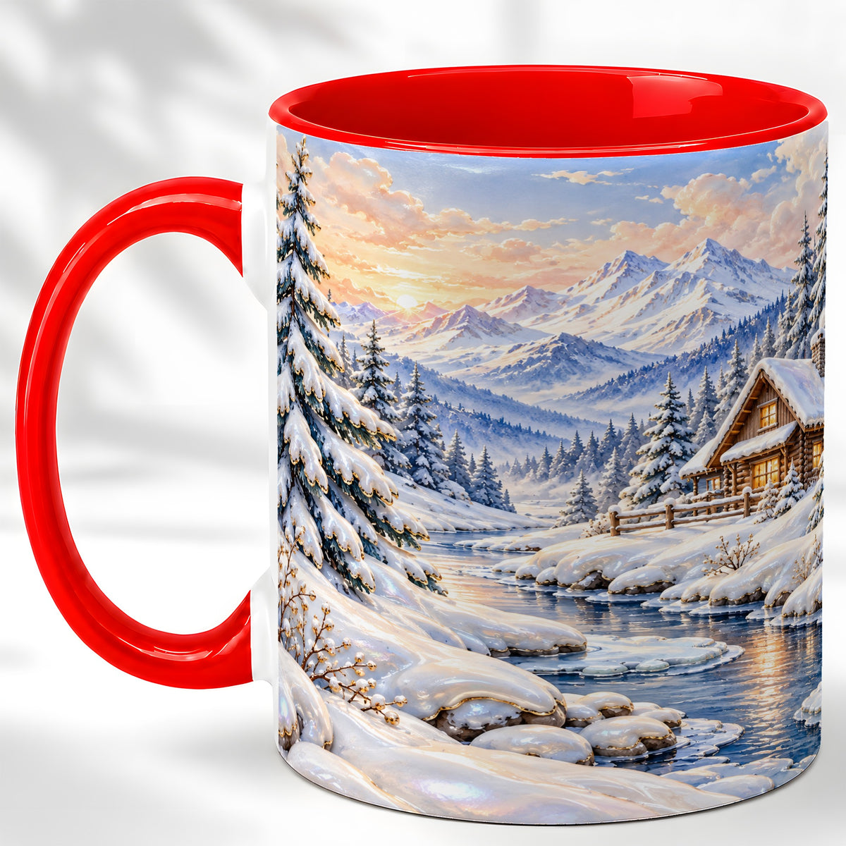 Winter Cabin Coffee Mug, Snowy Mountain Mug, Ceramic Cup