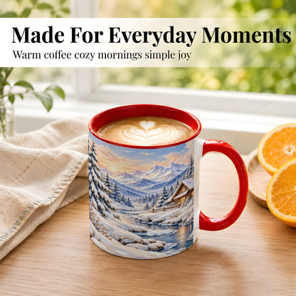 #pl[11oz|Red] Winter Cabin Coffee Mug, Snowy Mountain Mug, Ceramic Cup