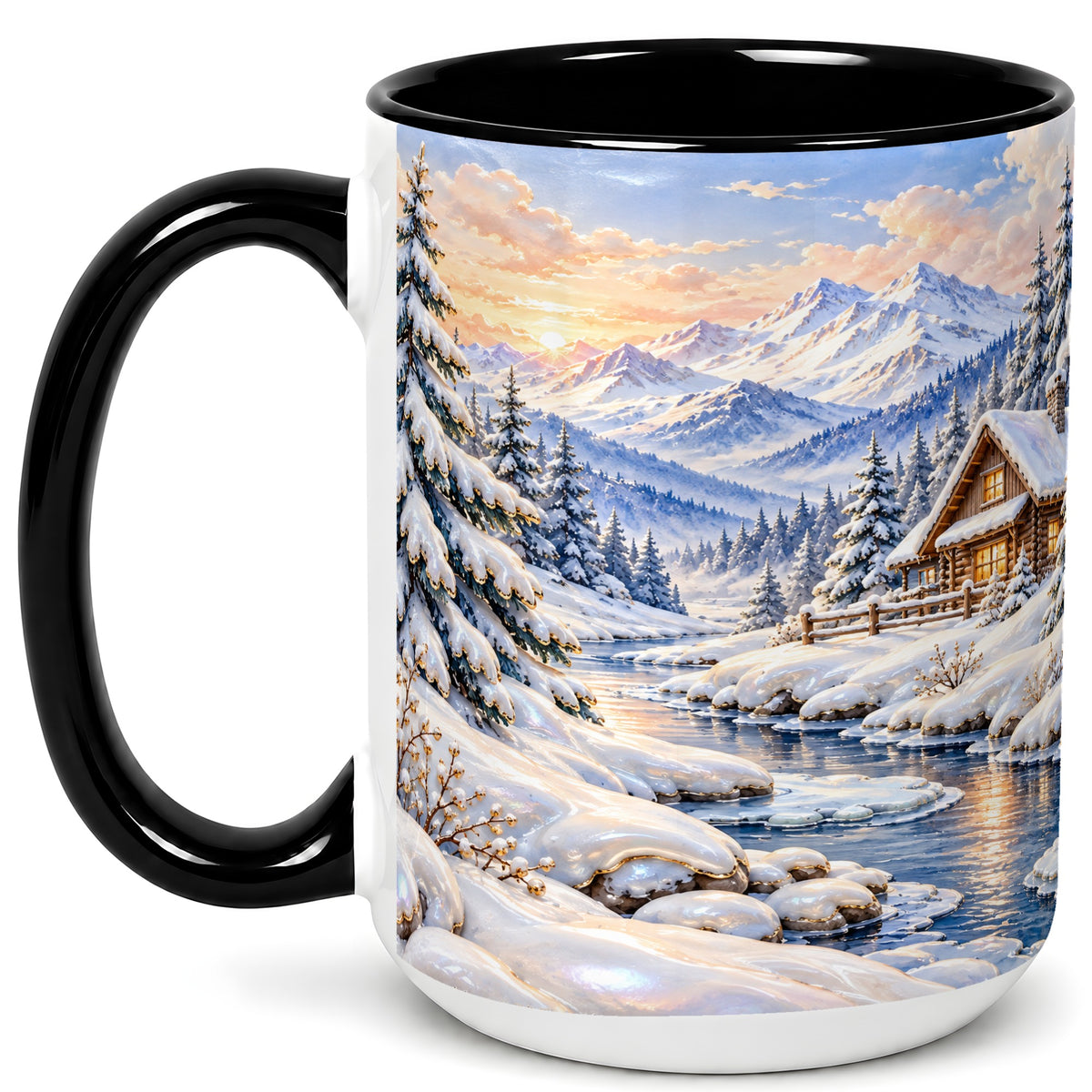 #pl[15oz|Black] Winter Cabin Coffee Mug, Snowy Mountain Mug, Ceramic Cup