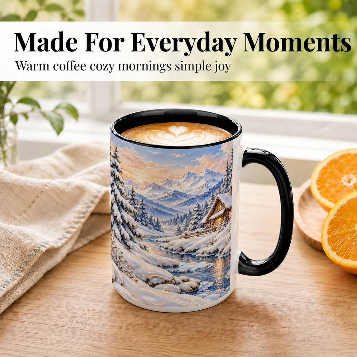 #pl[15oz|Black] Winter Cabin Coffee Mug, Snowy Mountain Mug, Ceramic Cup