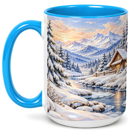 #pl[15oz|Blue] Winter Cabin Coffee Mug, Snowy Mountain Mug, Ceramic Cup