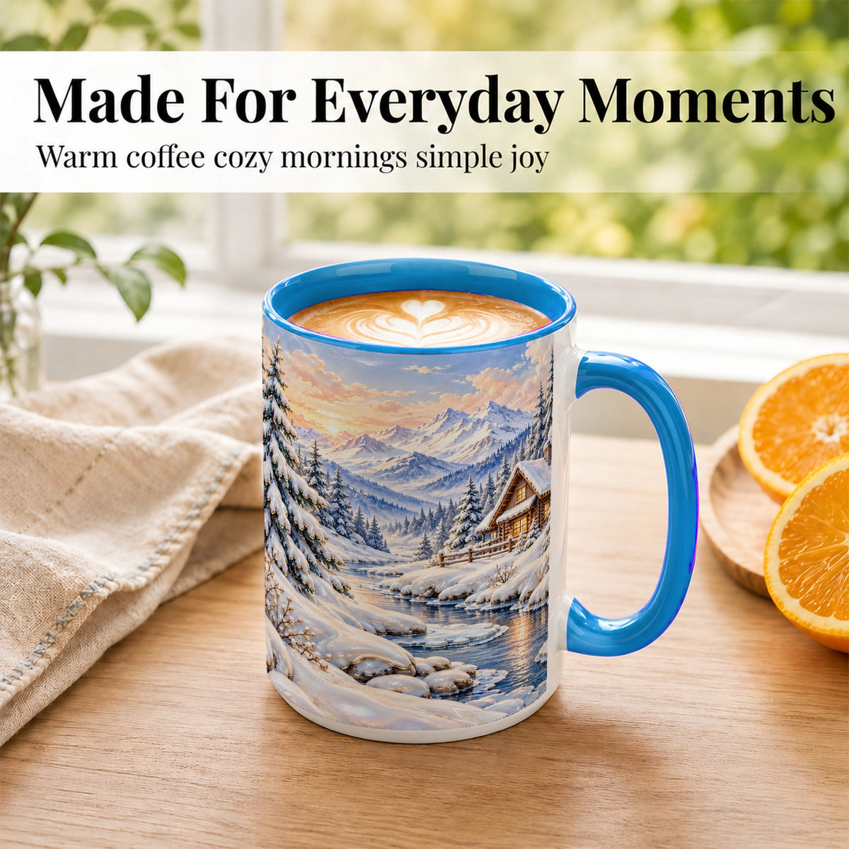 #pl[15oz|Blue] Winter Cabin Coffee Mug, Snowy Mountain Mug, Ceramic Cup