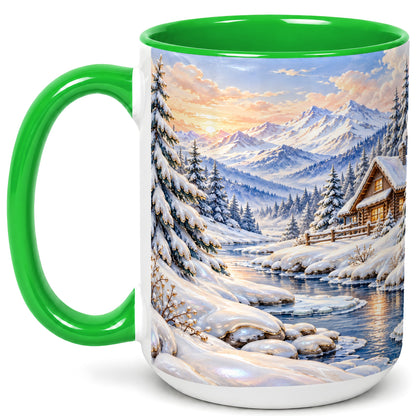 #pl[15oz|Green] Winter Cabin Coffee Mug, Snowy Mountain Mug, Ceramic Cup