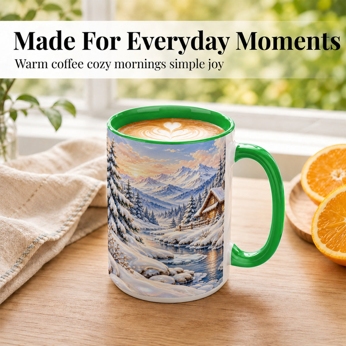#pl[15oz|Green] Winter Cabin Coffee Mug, Snowy Mountain Mug, Ceramic Cup