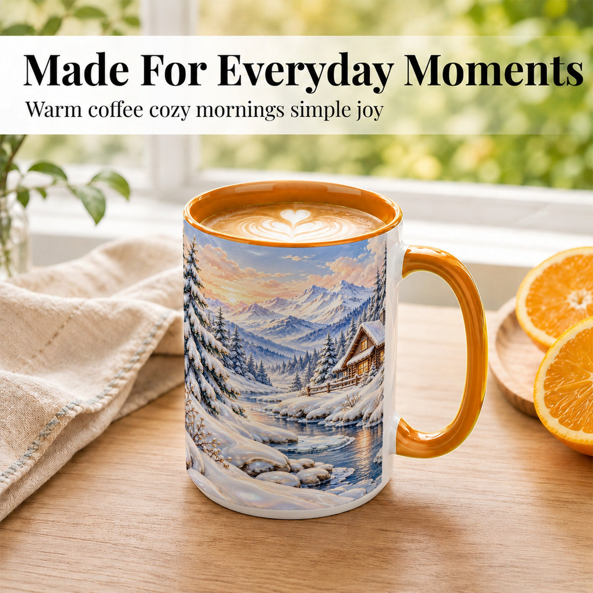 #pl[15oz|Orange] Winter Cabin Coffee Mug, Snowy Mountain Mug, Ceramic Cup
