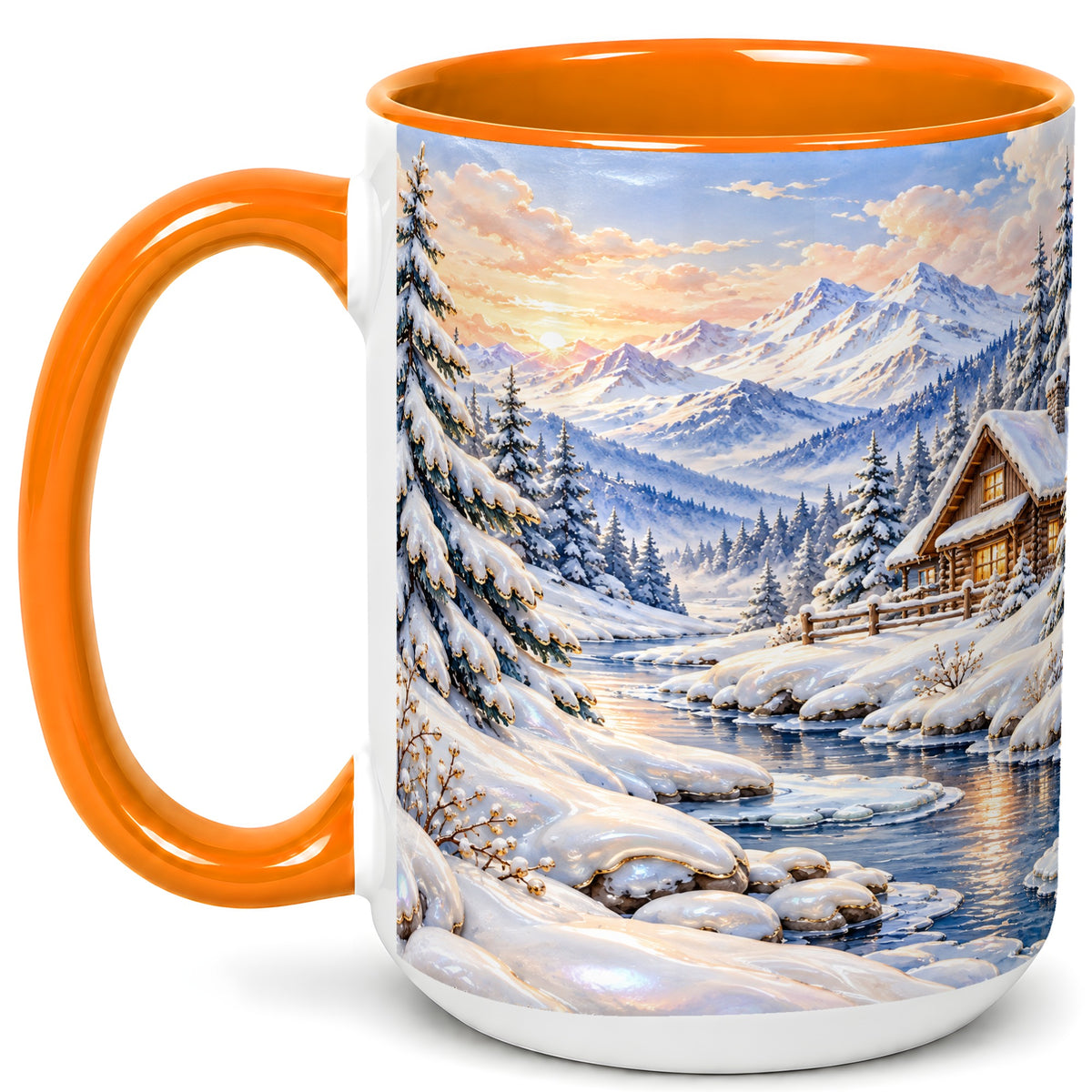 #pl[15oz|Orange] Winter Cabin Coffee Mug, Snowy Mountain Mug, Ceramic Cup