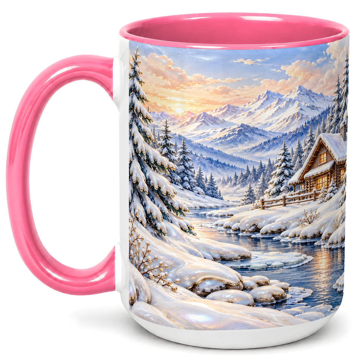 #pl[15oz|Pink] Winter Cabin Coffee Mug, Snowy Mountain Mug, Ceramic Cup