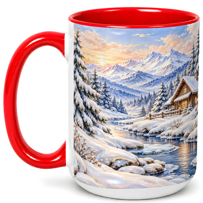 #pl[15oz|Red] Winter Cabin Coffee Mug, Snowy Mountain Mug, Ceramic Cup
