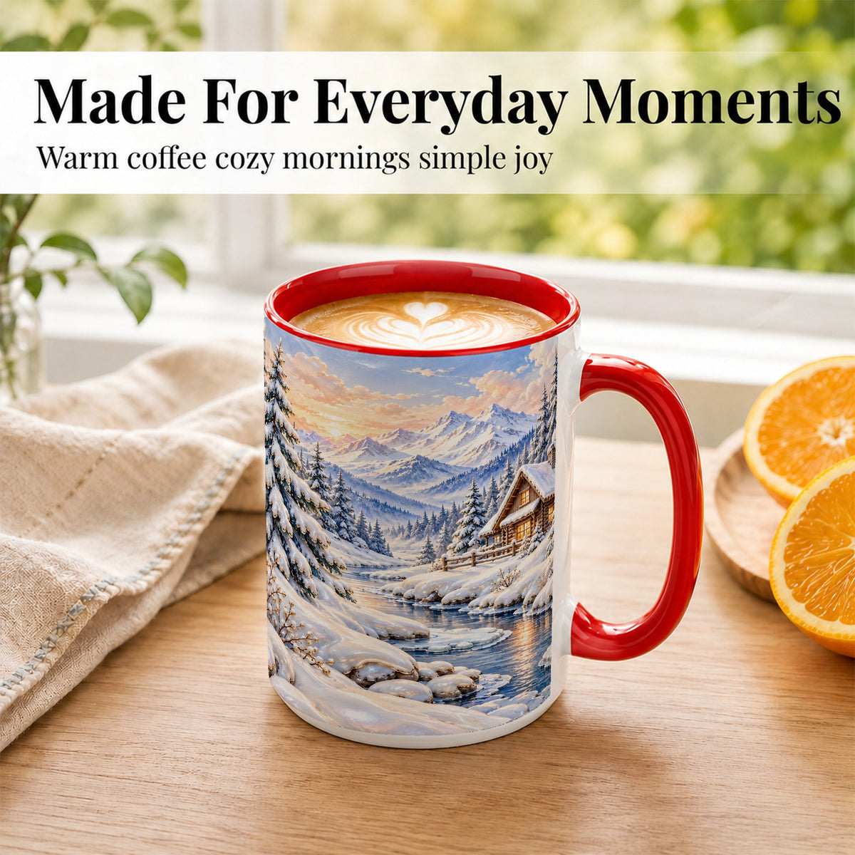 #pl[15oz|Red] Winter Cabin Coffee Mug, Snowy Mountain Mug, Ceramic Cup
