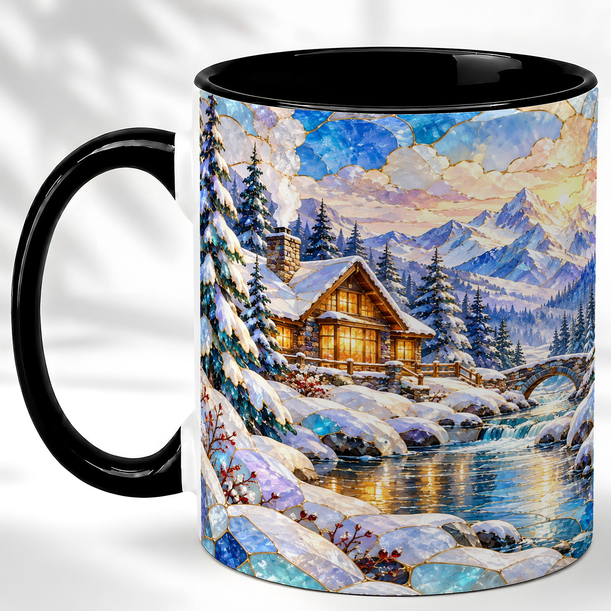 #pl[11oz|Black] Snowy Cabin Coffee Mug, Winter Mountain Mug, Ceramic Cup