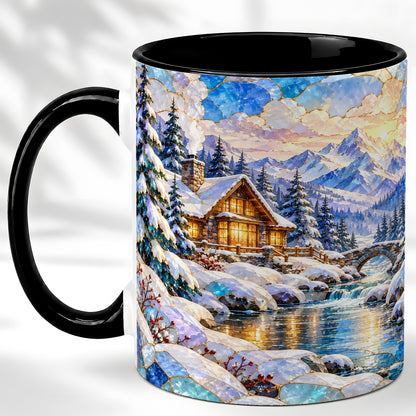 #pl[11oz|Black] Snowy Cabin Coffee Mug, Winter Mountain Mug, Ceramic Cup