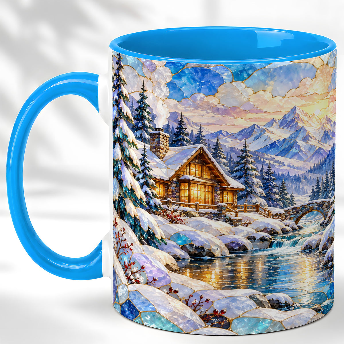 #pl[11oz|Blue] Snowy Cabin Coffee Mug, Winter Mountain Mug, Ceramic Cup