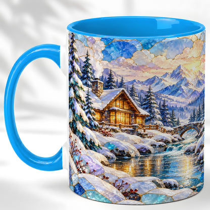 #pl[11oz|Blue] Snowy Cabin Coffee Mug, Winter Mountain Mug, Ceramic Cup