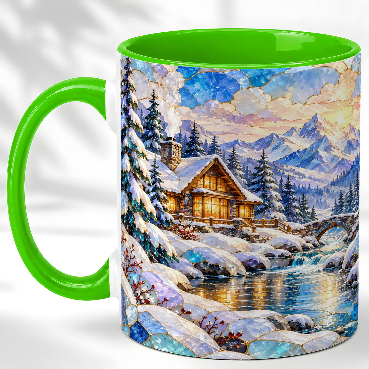 #pl[11oz|Green] Snowy Cabin Coffee Mug, Winter Mountain Mug, Ceramic Cup