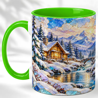 #pl[11oz|Green] Snowy Cabin Coffee Mug, Winter Mountain Mug, Ceramic Cup