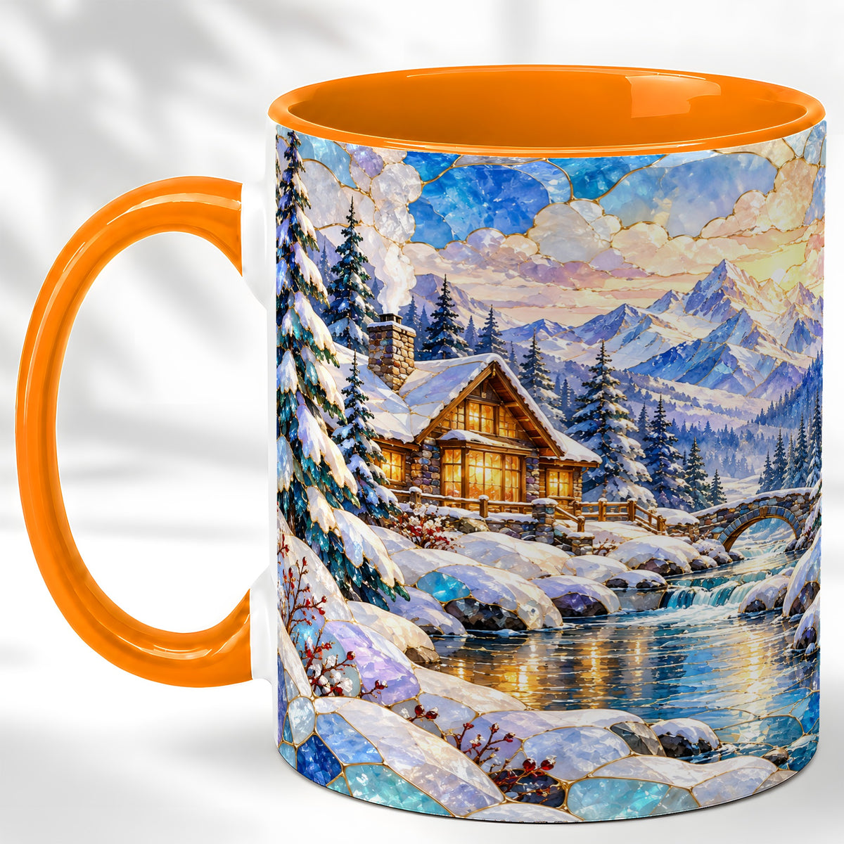 #pl[11oz|Orange] Snowy Cabin Coffee Mug, Winter Mountain Mug, Ceramic Cup