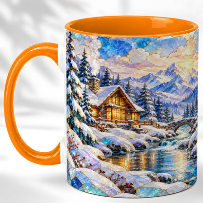 #pl[11oz|Orange] Snowy Cabin Coffee Mug, Winter Mountain Mug, Ceramic Cup