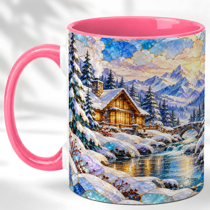 #pl[11oz|Pink] Snowy Cabin Coffee Mug, Winter Mountain Mug, Ceramic Cup