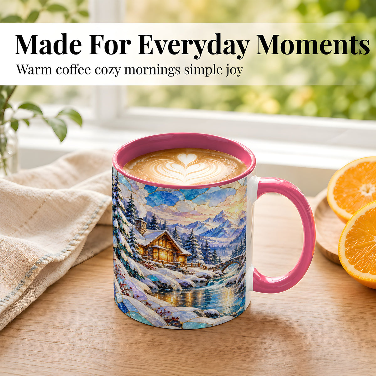 #pl[11oz|Pink] Snowy Cabin Coffee Mug, Winter Mountain Mug, Ceramic Cup