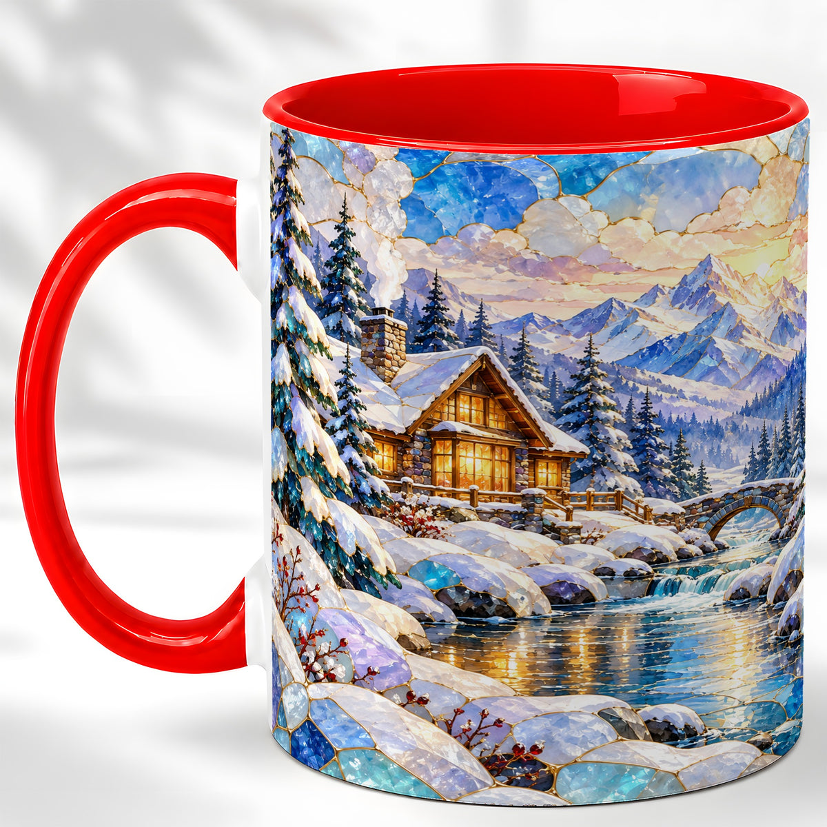 Snowy Cabin Coffee Mug, Winter Mountain Mug, Ceramic Cup