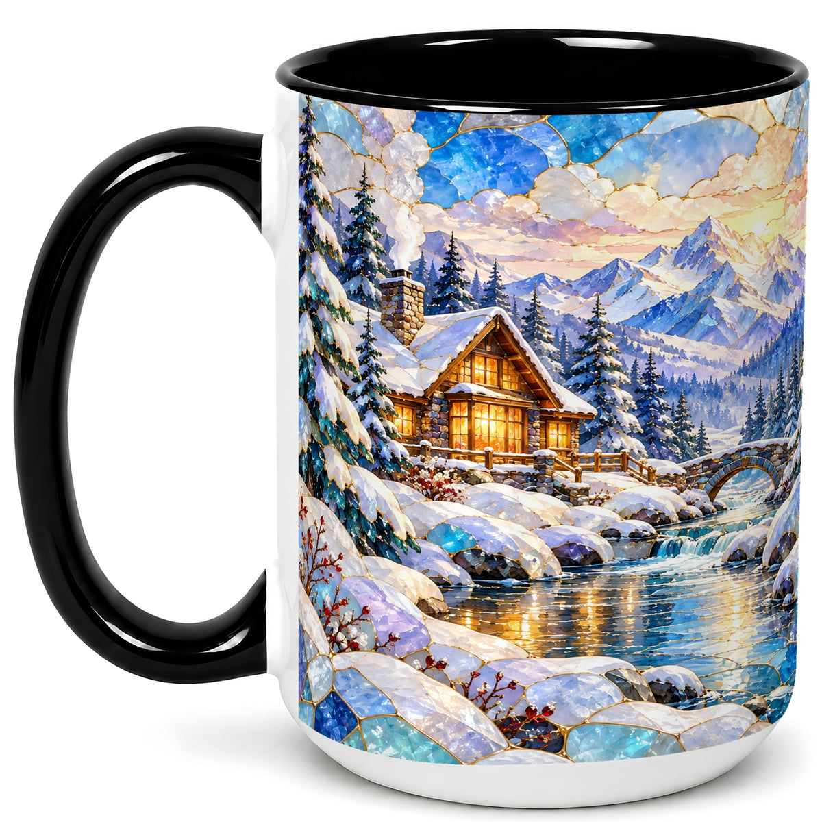 #pl[15oz|Black] Snowy Cabin Coffee Mug, Winter Mountain Mug, Ceramic Cup