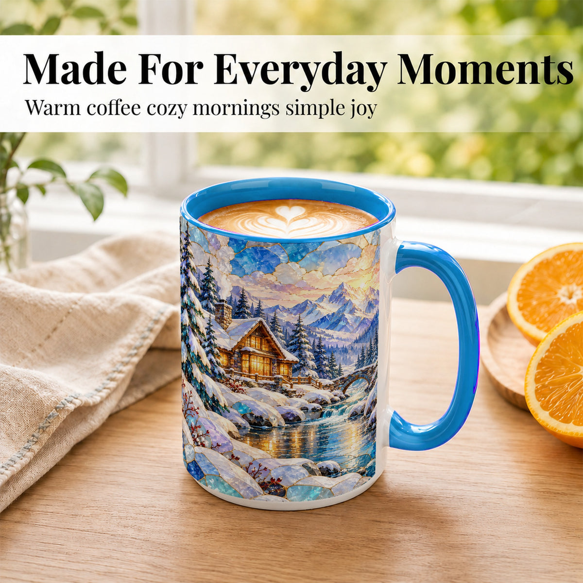 #pl[15oz|Blue] Snowy Cabin Coffee Mug, Winter Mountain Mug, Ceramic Cup