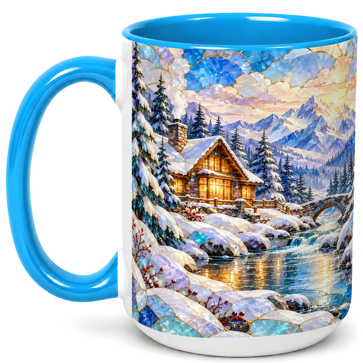 #pl[15oz|Blue] Snowy Cabin Coffee Mug, Winter Mountain Mug, Ceramic Cup