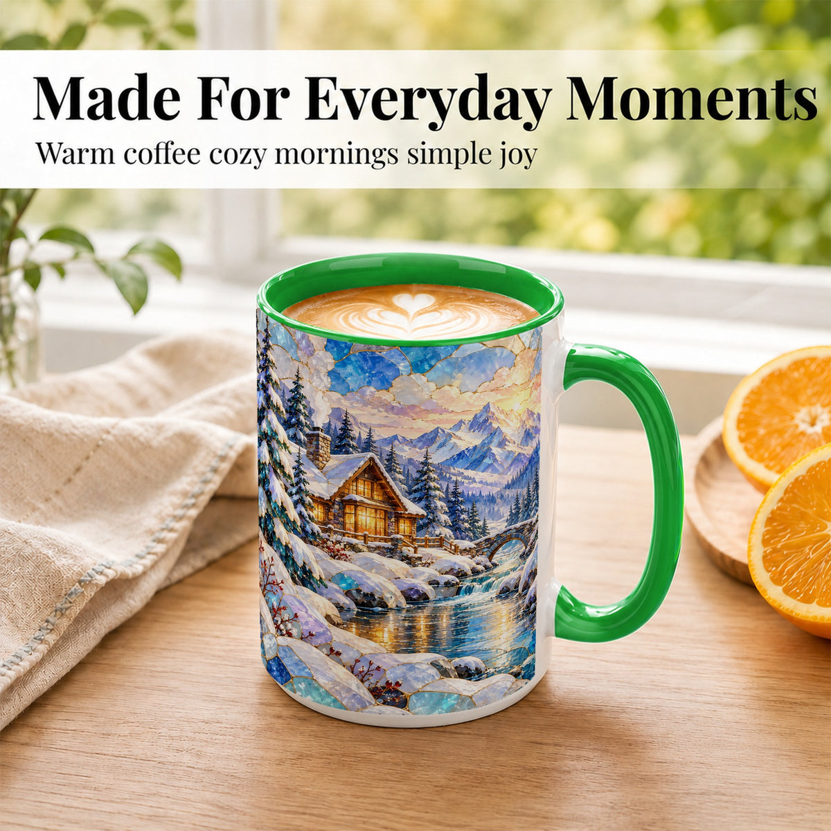 #pl[15oz|Green] Snowy Cabin Coffee Mug, Winter Mountain Mug, Ceramic Cup