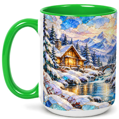 #pl[15oz|Green] Snowy Cabin Coffee Mug, Winter Mountain Mug, Ceramic Cup
