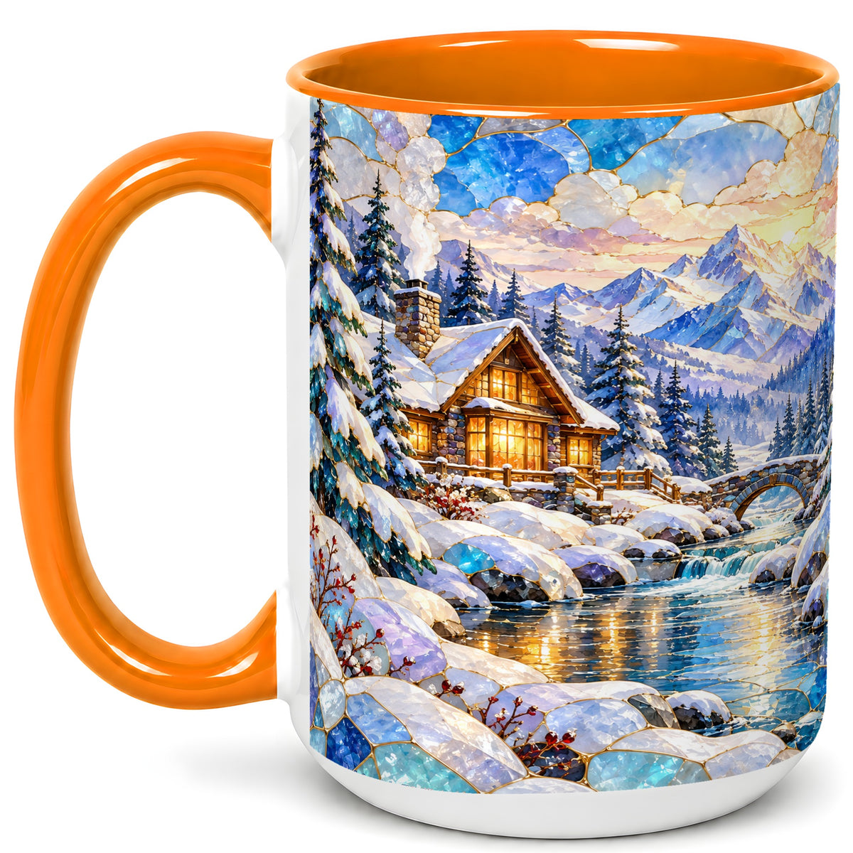 #pl[15oz|Orange] Snowy Cabin Coffee Mug, Winter Mountain Mug, Ceramic Cup