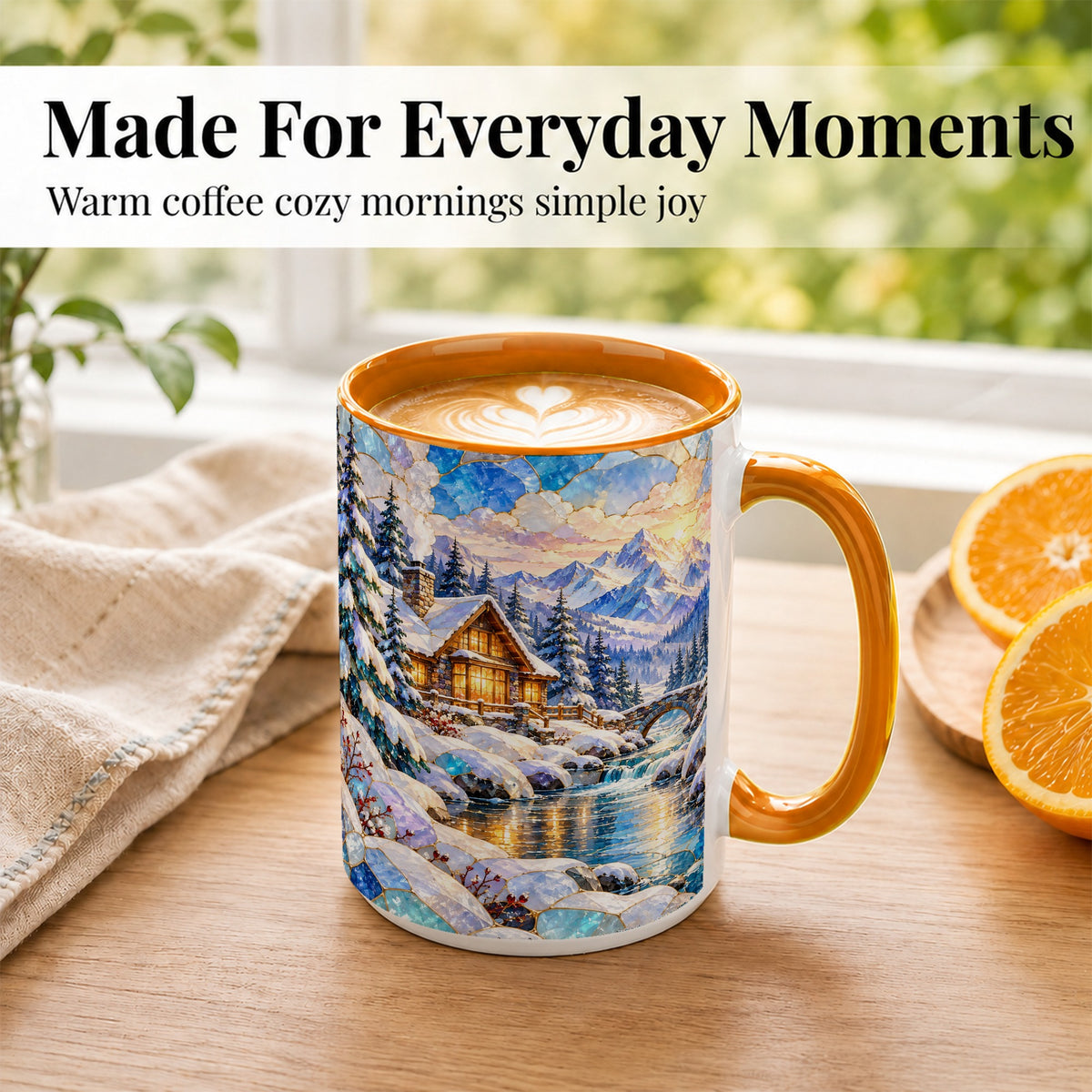 #pl[15oz|Orange] Snowy Cabin Coffee Mug, Winter Mountain Mug, Ceramic Cup