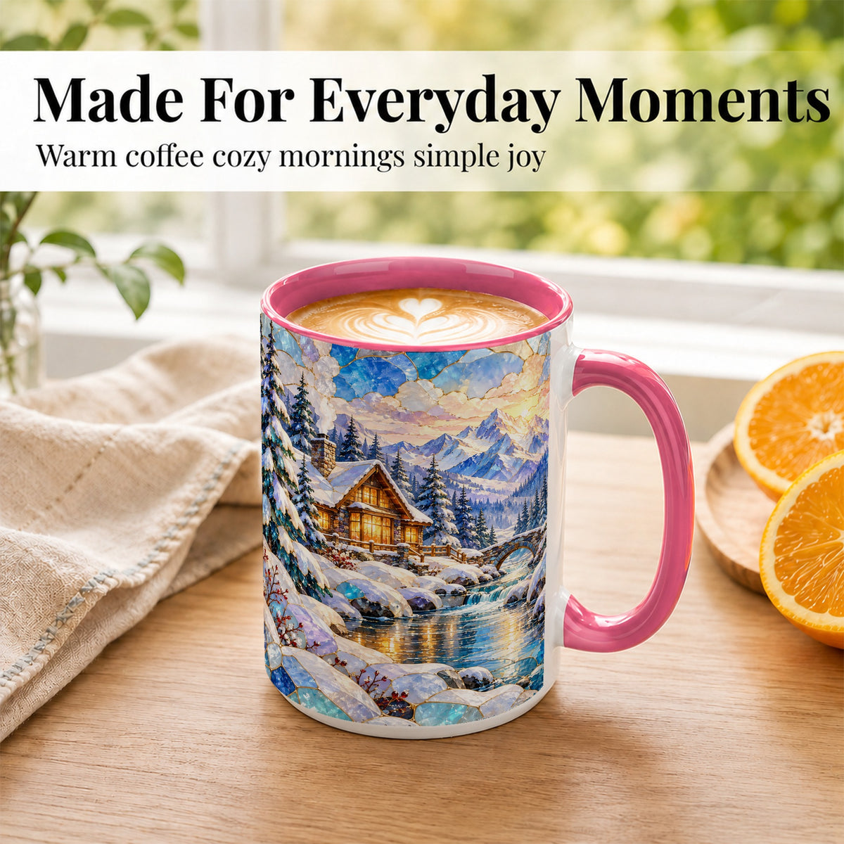 #pl[15oz|Pink] Snowy Cabin Coffee Mug, Winter Mountain Mug, Ceramic Cup