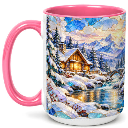 #pl[15oz|Pink] Snowy Cabin Coffee Mug, Winter Mountain Mug, Ceramic Cup