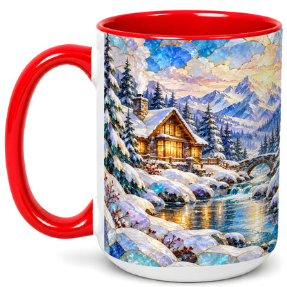 #pl[15oz|Red] Snowy Cabin Coffee Mug, Winter Mountain Mug, Ceramic Cup