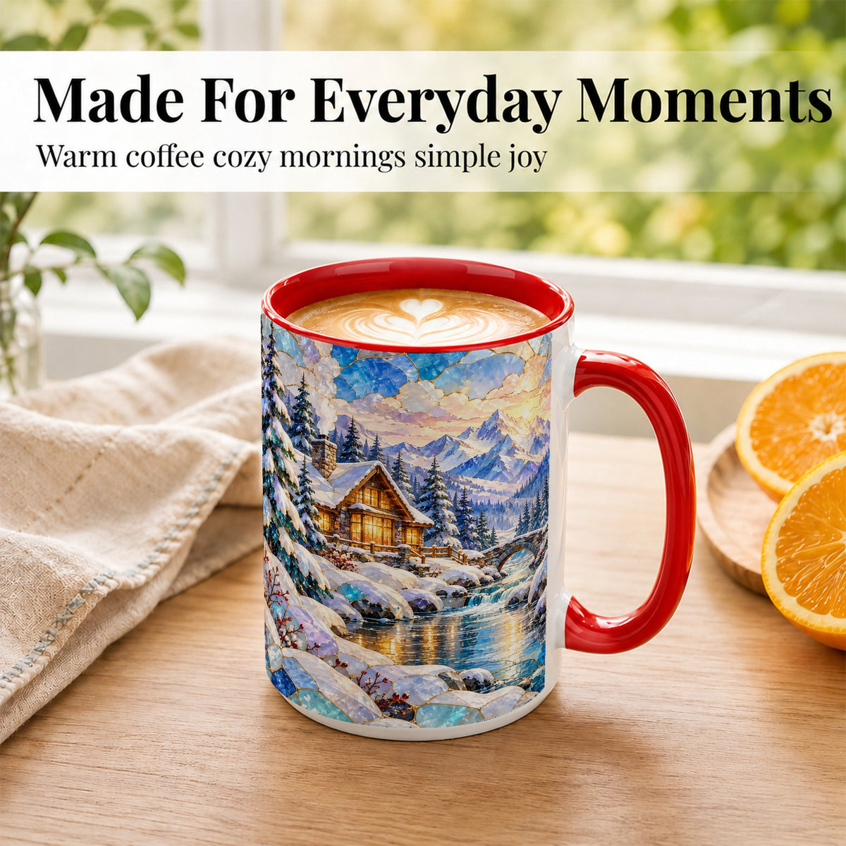 #pl[15oz|Red] Snowy Cabin Coffee Mug, Winter Mountain Mug, Ceramic Cup