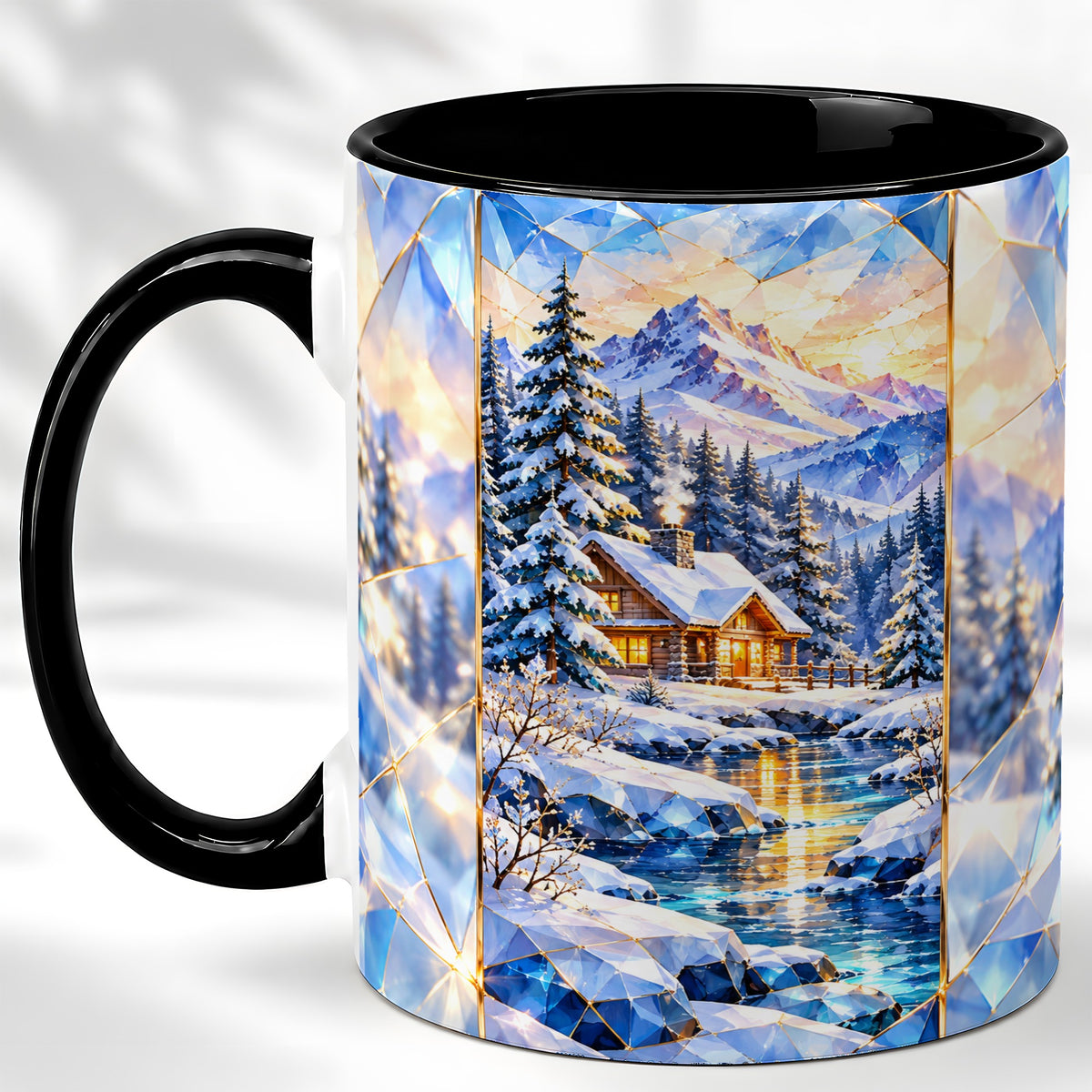 #pl[11oz|Black] Crystal Winter Cabin Coffee Mug, Mountain Scene Mug, Ceramic Cup