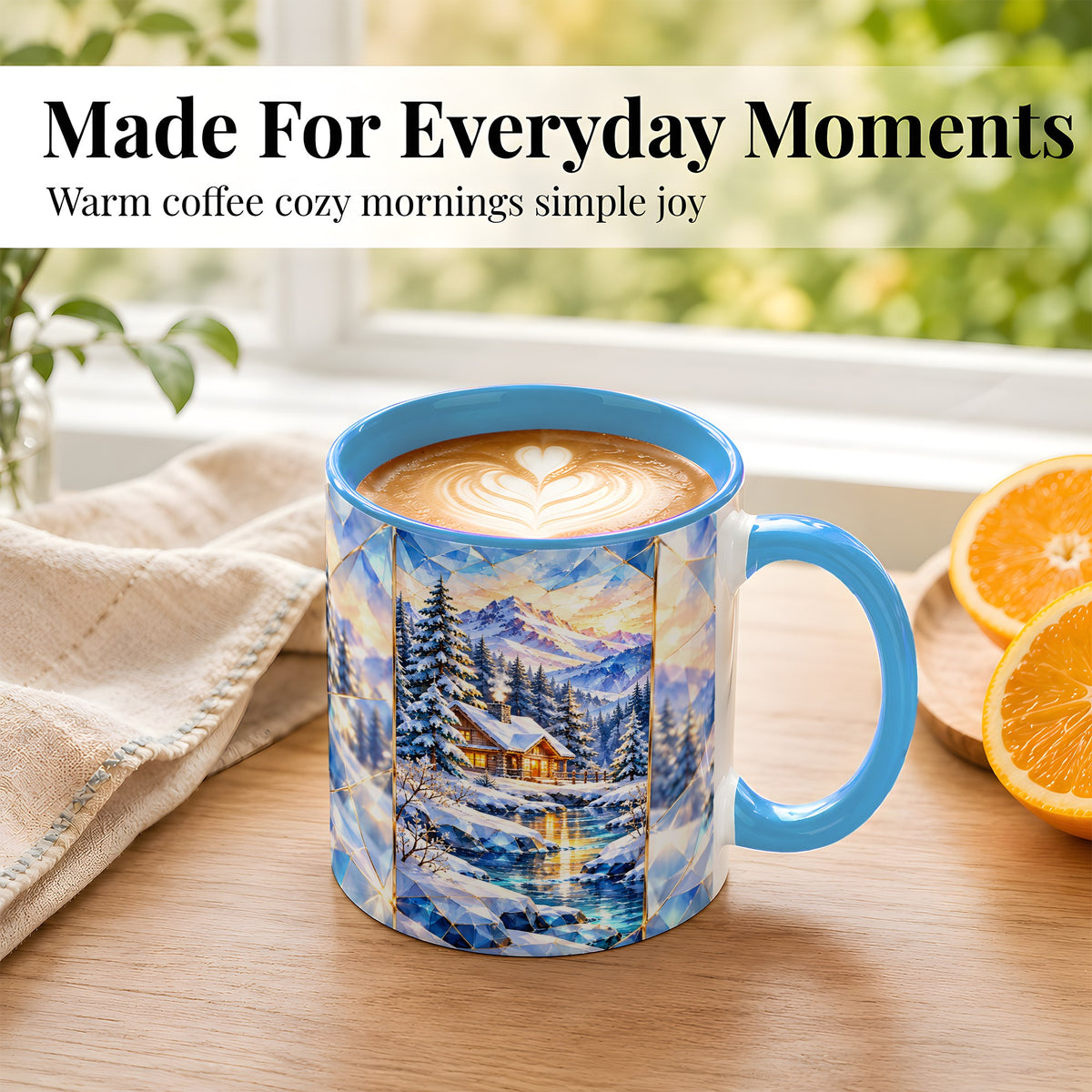#pl[11oz|Blue] Crystal Winter Cabin Coffee Mug, Mountain Scene Mug, Ceramic Cup
